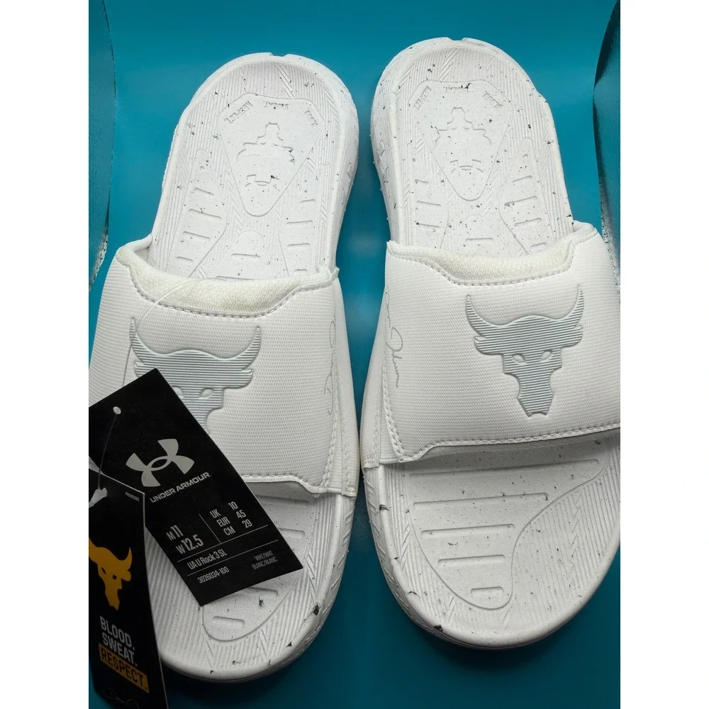 Under Armour Project Rock 3 SL Slides White Speckle Mens 11 3026034-100 NWT